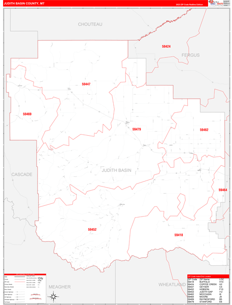 Judith Basin County Digital Map Red Line Style
